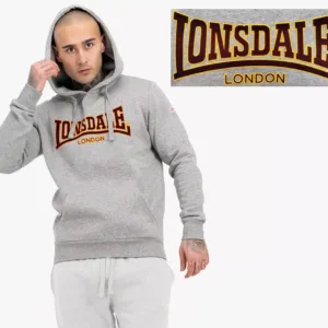 Lonsdale Grey Hoodie Classic Flock Print Hooded Sweatshirt Slim-Fit Old-School