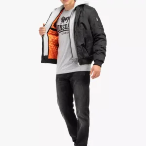 Unique Lonsdale Flight Bomber MA1 Jacket Black Detachable Hood Lined Slim-Fit